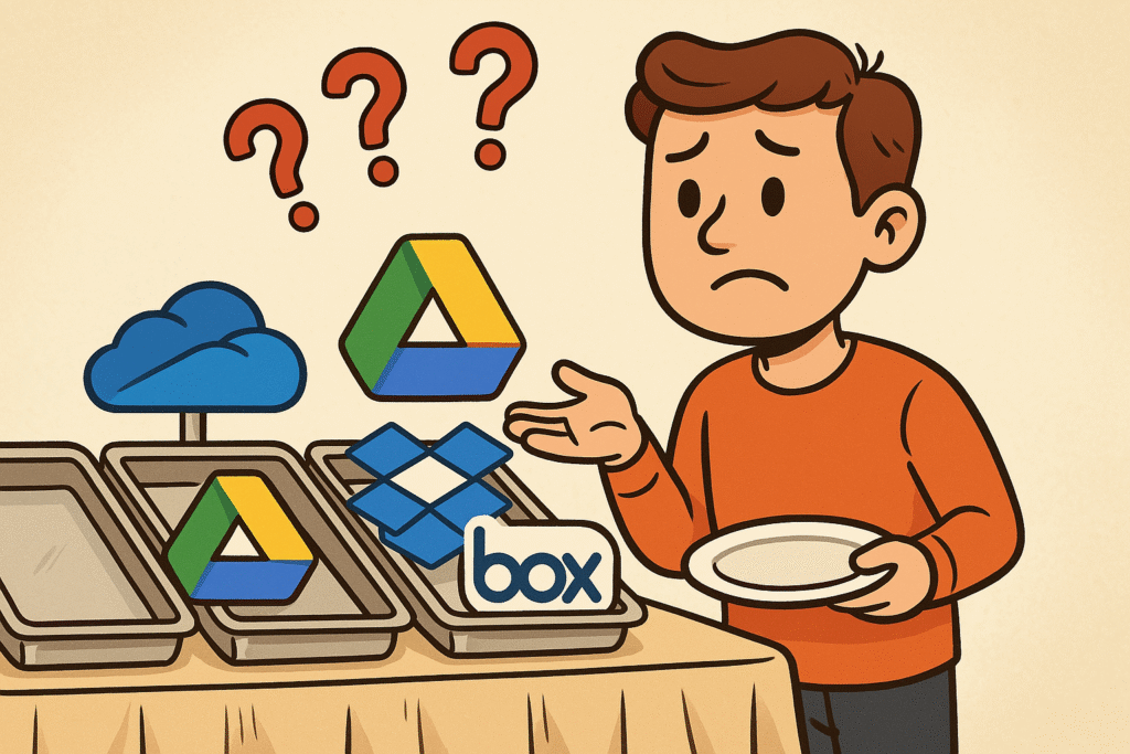 Man at a food buffet looking confused at icons of storage vendors